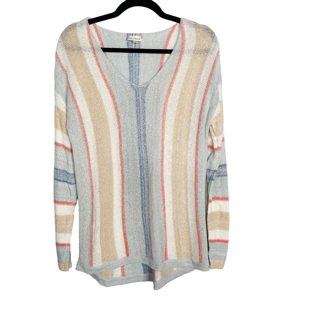 New Hem & Thread Medium Blue Cream Striped Lightweight Knit VNeck Sweater Cotton
